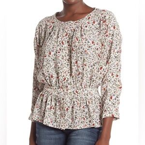 Frame Denim Off White Floral Silk Quarter Sleeve Blouse Women's Size Small